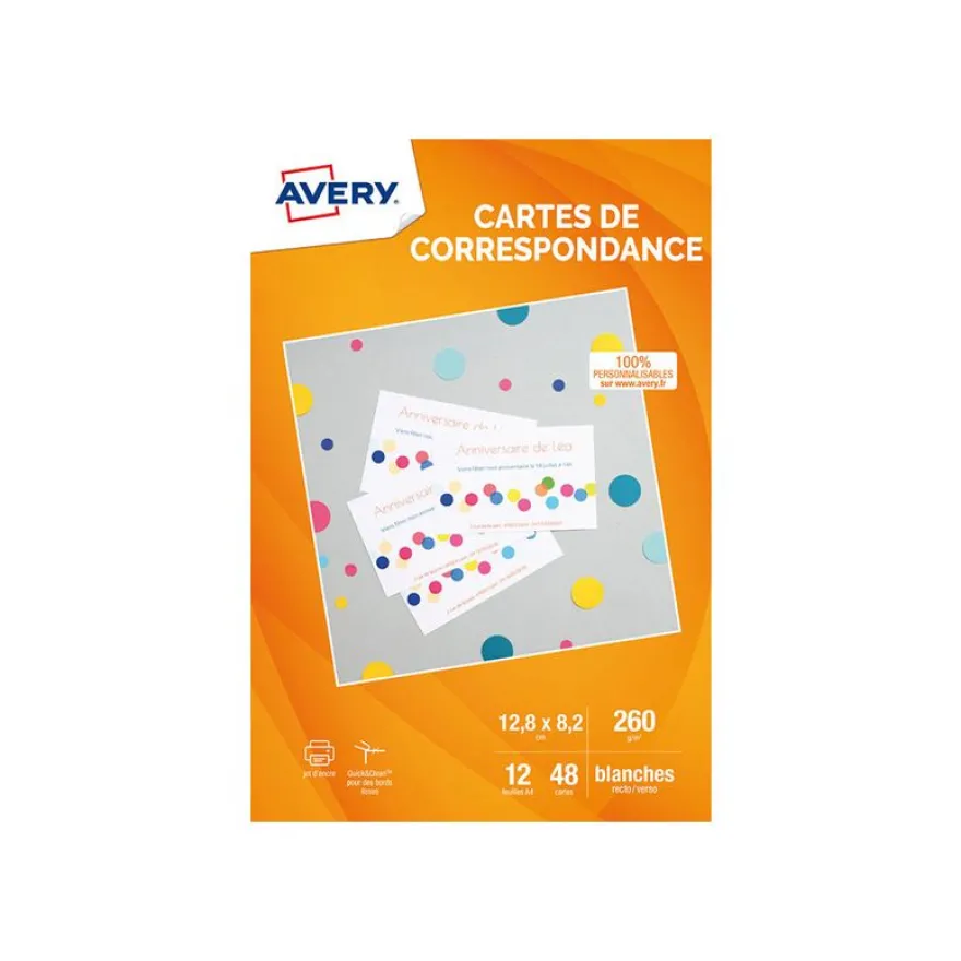 Avery - 48 Cartes de correspondance à bords lisses - 128 x 82 mm - 260 g/m² - impression jet d'encre (C2318-12)