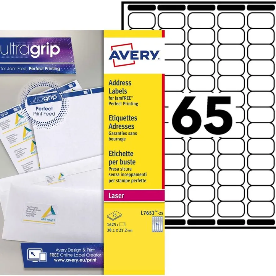 Avery - 1625 Mini Étiquettes adresse blanches - 38,1 x 21,2 mm - Impression laser - réf L7651-25