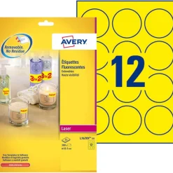 Avery - 300 Étiquettes adhésives rondes jaune fluo - diamètre 63,5 mm - Impression laser - réf L7670Y-25