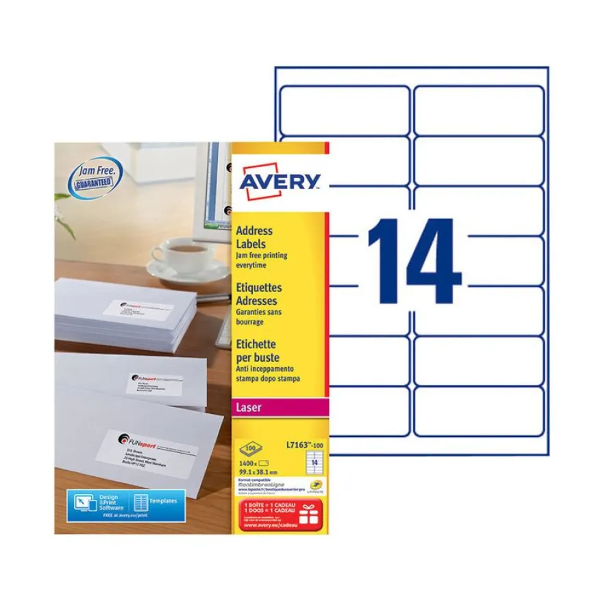 Avery - 1400 Étiquettes adresse blanches - 99,1 x 38,1 mm - Impression laser - réf L7163-100