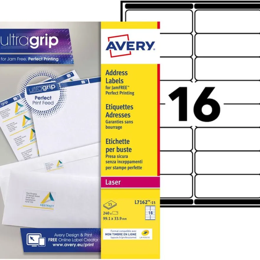 Avery - 240 Étiquettes adresse blanches - 99,1 x 33,9 mm - Impression laser - réf L7162-15