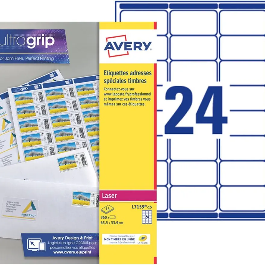 Avery - 360 Étiquettes Mon timbre en ligne - 63,5 x 33,9 mm - Impression laser - réf L7159-15