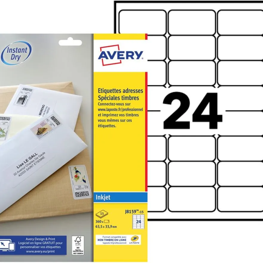 Avery - 360 Étiquettes Mon timbre en ligne - 63,5 x 33,9 mm - Impression jet d'encre - réf J8159-15