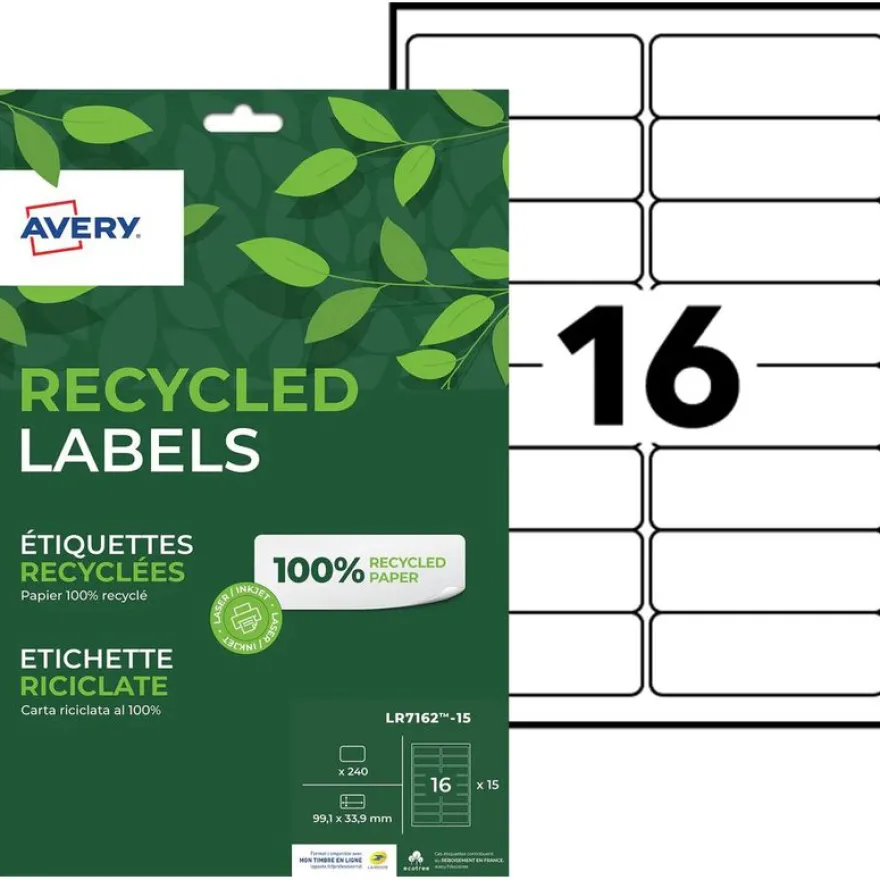 Avery - 240 Étiquettes recyclées blanches - 99,1 x 33,9 mm - Impression laser ou jet d'encre - réf LR7162-15