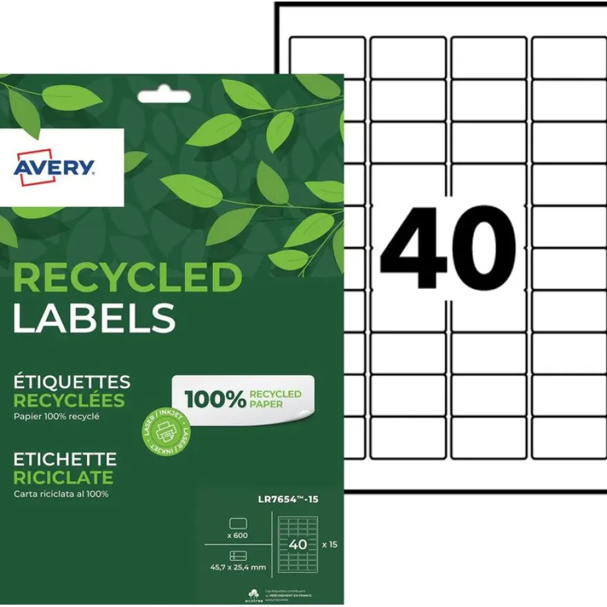 Avery - 600 Étiquettes recyclées blanches - 45,7 x 25,4 mm - Impression laser ou jet d'encre - réf LR7654-15