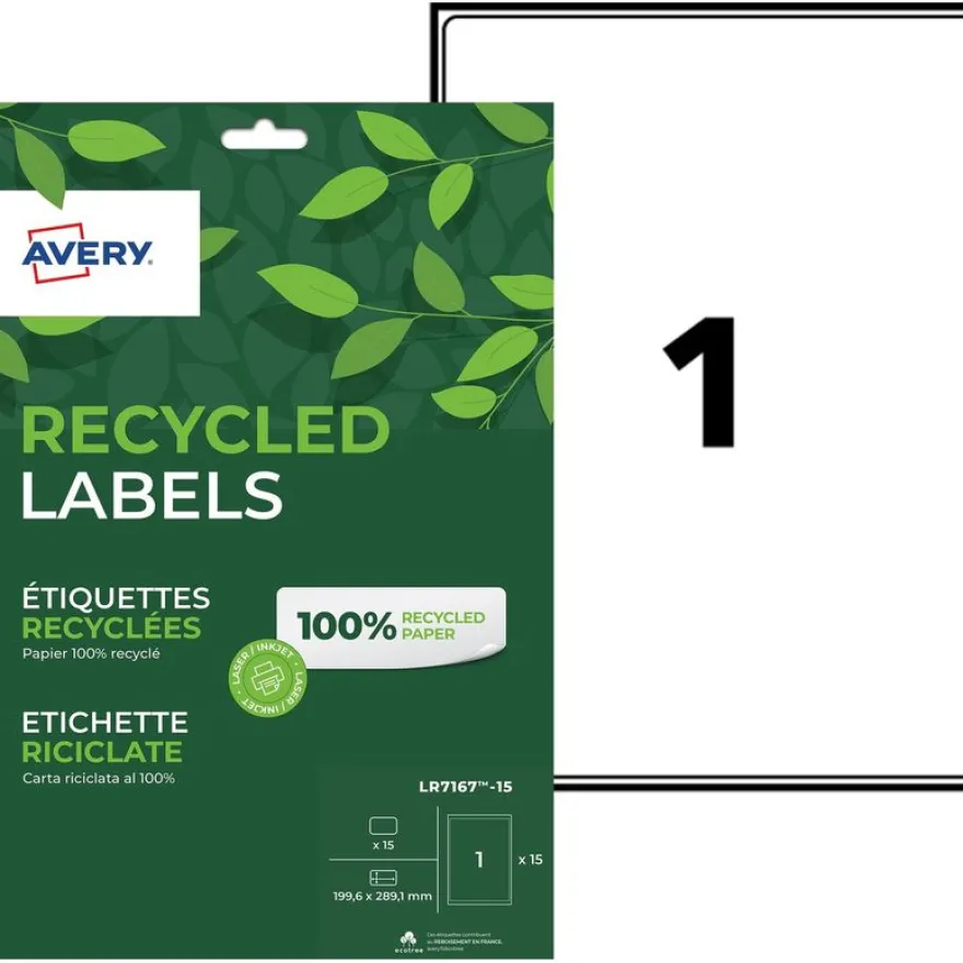 Avery - 15 Étiquettes recyclées blanches - 199,6 x 289,1 mm - Impression laser ou jet d'encre - réf LR7167-15