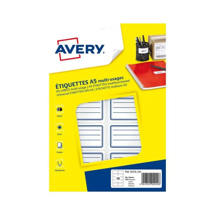 Avery - 120 Étiquettes scolaires blanches lignées bleu - 36 x 56 mm