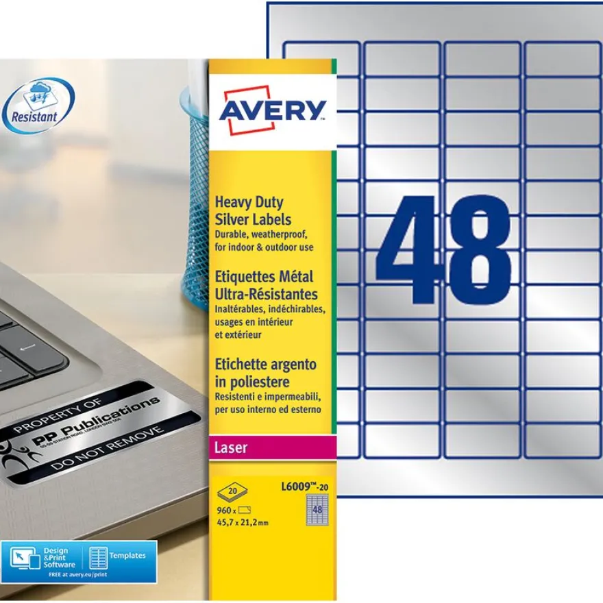 Avery - 960 Étiquettes ultra résistantes métalliques - 45,7 x 21,2 mm - Impression laser - réf L6009-20