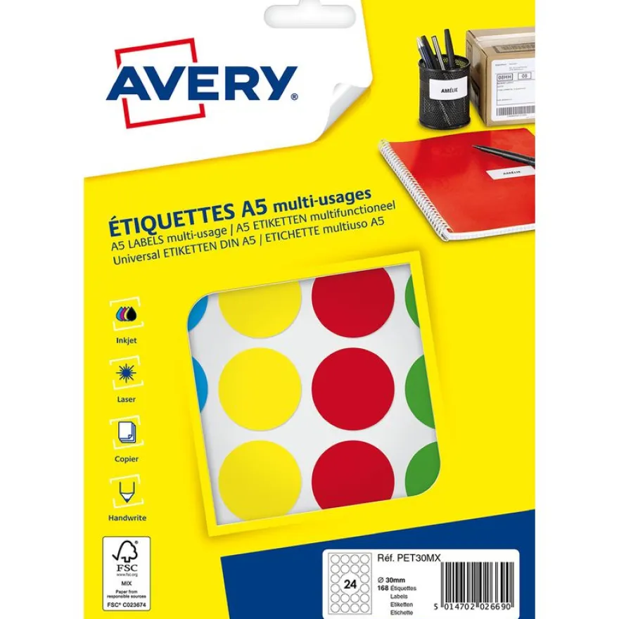 Avery - Etui A5 - 168 Pastilles adhésives - couleurs assorties - diamètre 30 mm