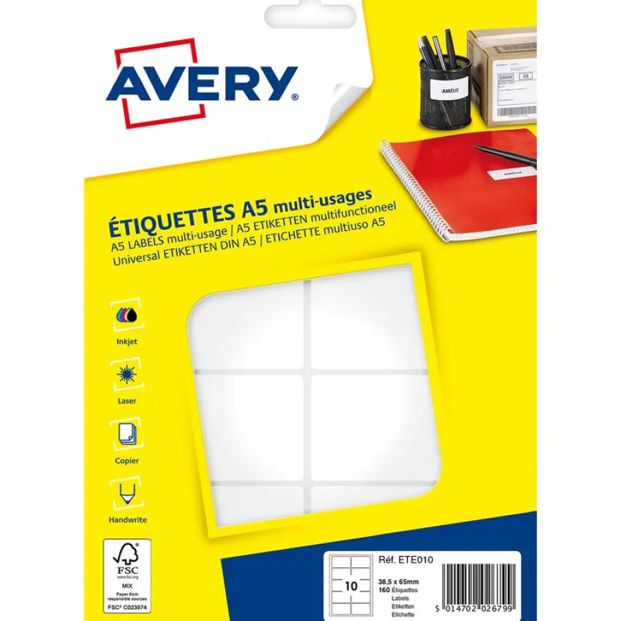 Avery - Etui A5 - 160 Étiquettes multi-usages blanches - 38,5 x 65 mm - réf ETE010