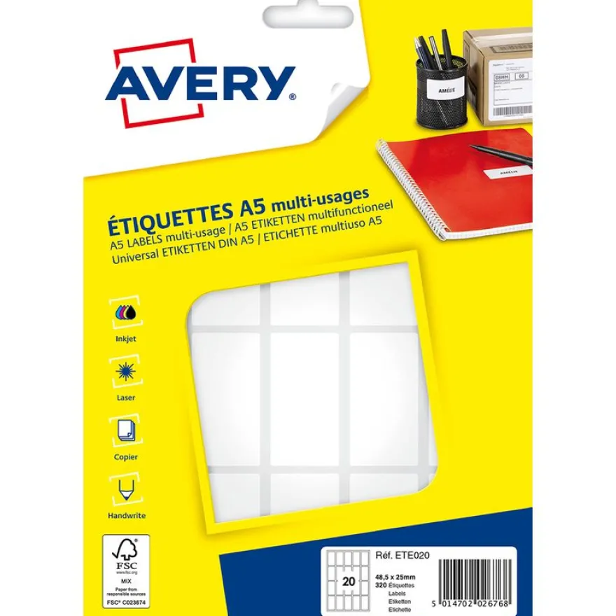 Avery - Etui A5 - 320 Étiquettes multi-usages blanches - 48,5 x 25 mm - réf ETE020