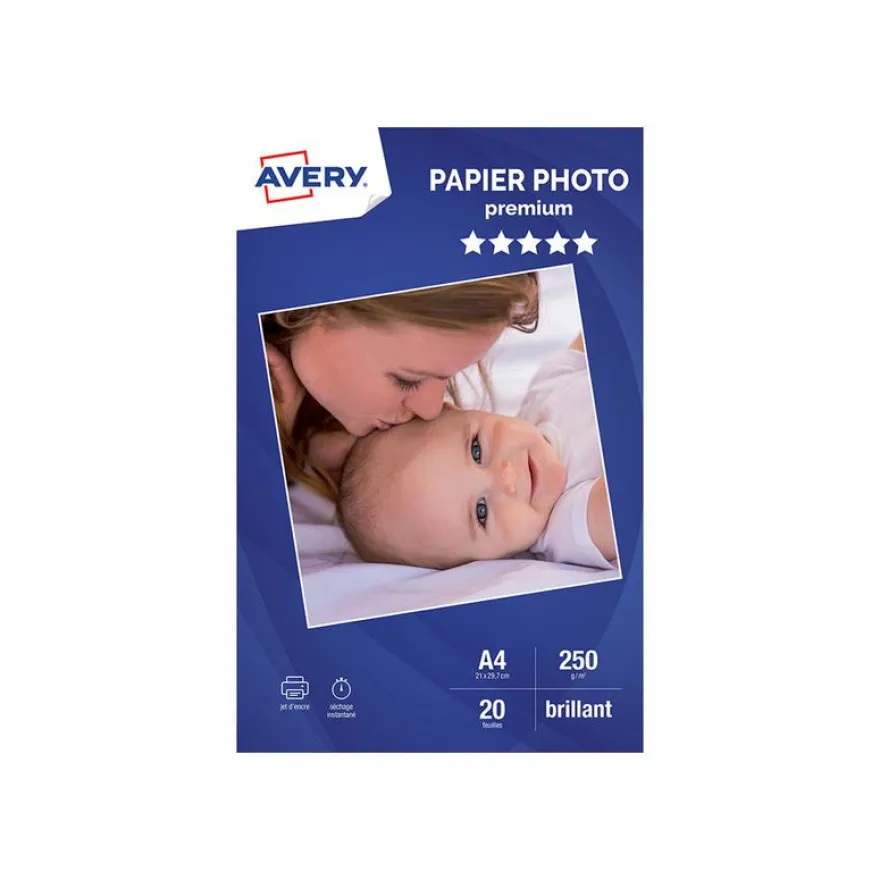 Avery - Papier Photo brillant - A4 - 250 g/m² - impression jet d'encre - 20 feuilles