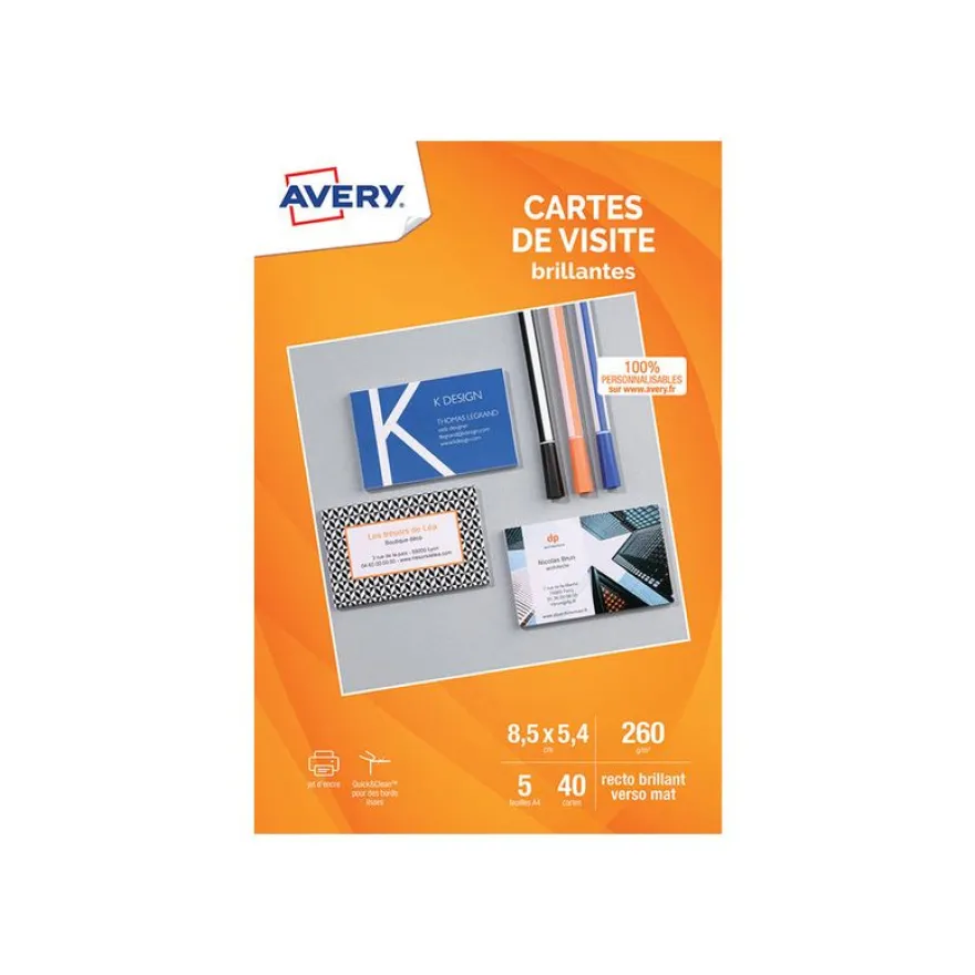 Avery - Papier pour 40 cartes de visite à bords lisses 85 x 54 mm - 240 g/m² - impression jet d'encre - 5 feuilles