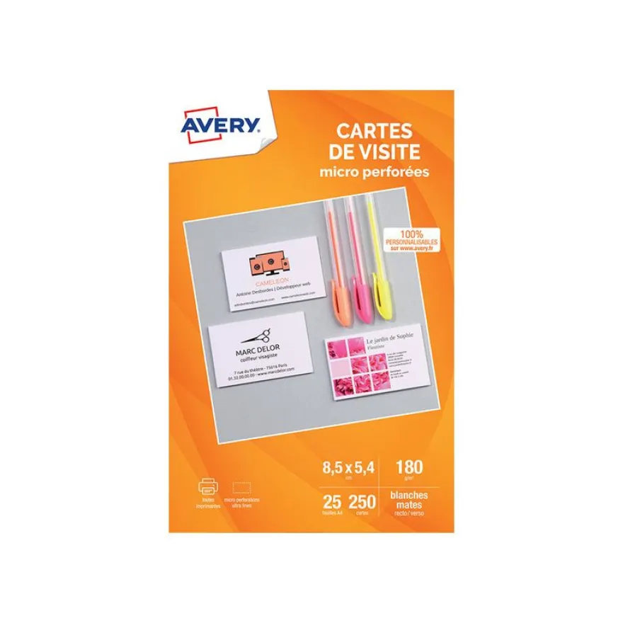 Avery - Papier pour 250 cartes de visite micro perforées 85 x 54 mm - 180 g/m² - 25 feuilles