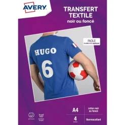 Avery - Papier transfert sur T-shirt/Textile foncé - 4 feuilles A4 - impression jet d'encre