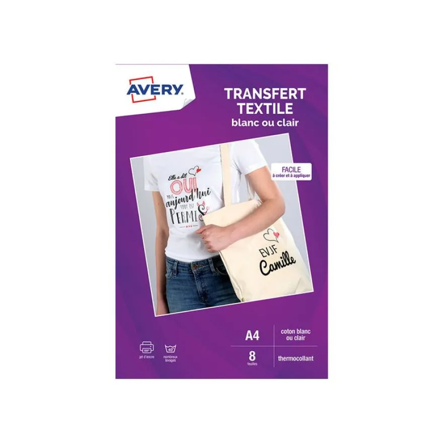 Avery - Papier transfert sur T-shirt/Textile clair - 8 feuilles A4 - impression jet d'encre