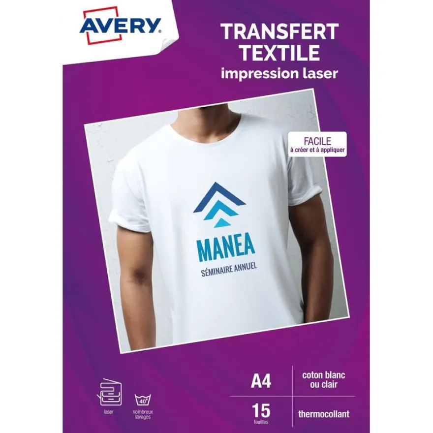 Avery - Papier transfert sur T-shirt/Textile clair - 15 feuilles A4 - impression laser