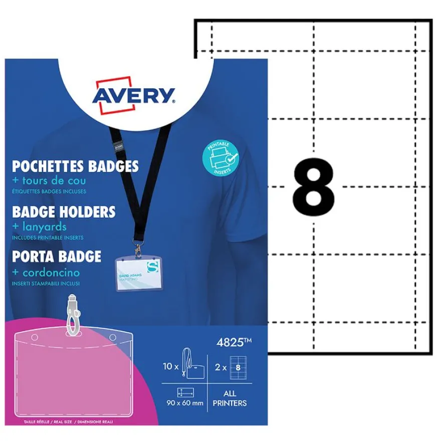 Avery - Pochettes badges avec tour de cou - 10 badges + 16 étiquettes - 60 x 90 mm