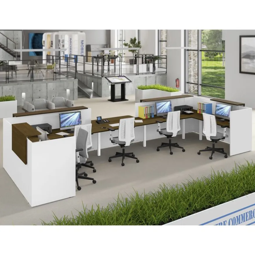Banque d'accueil Module suivant haut OLA - L120 x H112 x P82,5 cm - structure blanc perle, plateau chêne clair