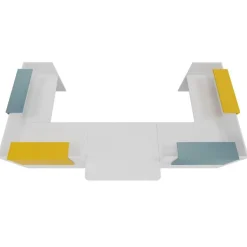 Banque d'accueil OLA - Ensemble composé de modules hauts(x2) + PMR + retours (x2) + tablettes (x2) jaune + (x2) bleu - L425 x P237,5 cm - blanc perle