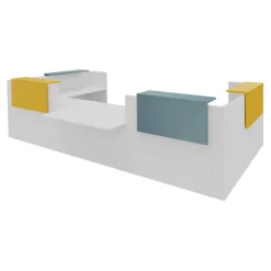 Banque d'accueil OLA - Ensemble composé de modules hauts(x2) + PMR + retours (x2) + tablettes (x2) jaune + (x2) bleu - L425 x P237,5 cm - blanc perle