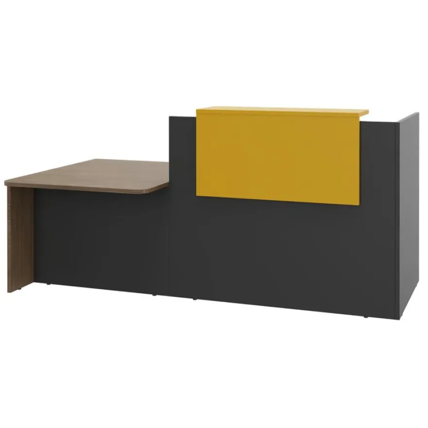 Banque d'accueil OLA - Ensemble composé d'un module haut + un module PMR et d'une tablette jaune curry - L242,5 cm - carbone et noyer