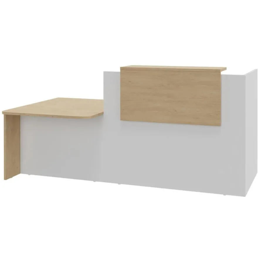 Banque d'accueil OLA - Ensemble composé d'un module haut + un module PMR et d'une tablette chêne clair - L222,5 cm - blanc perle et chêne clair