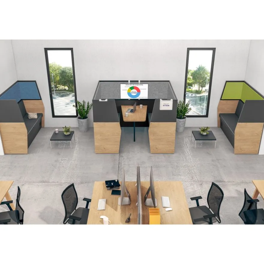 Banquette acoustique IN'TEAM - L170 x H 150 x P170 cm - 3 places - structure chêne clair et carbone - panneaux vert chartreux