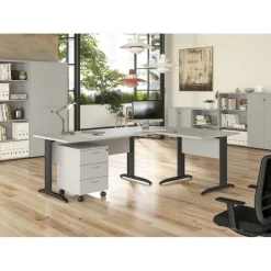Bibliothèque basse Trend - L80xP44xH72 cm - 2 portes en verre dépoli - panneaux gris