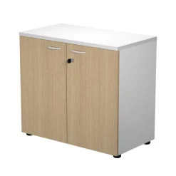 Bibliothèque basse Trend - L80xP44xH72 cm - 2 portes en mélaminé imitation chêne - panneaux gris