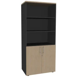 Bibliothèque haute IDRA/DUAL avec 2 portes basses - L80 x H180 x P47 - Corps anthracite - Portes et dessus imitation Chêne clair
