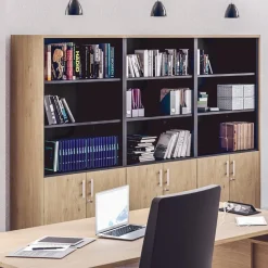 Bibliothèque haute IDRA/DUAL avec 2 portes basses - L80 x H180 x P47 - Corps blanc - Portes et dessus imitation Chêne clair
