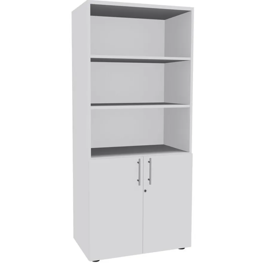 Bibliothèque haute INEO/LEVEL/STEELY/WOODY - Corps blanc - Portes et dessus Blanc perle