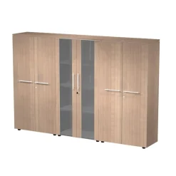 Bibliothèque haute triple Flora - L242,8xP43xH158,2 cm - 4 portes mélaminés + 2 portes vitrées - 9 étagères - merisier arabis