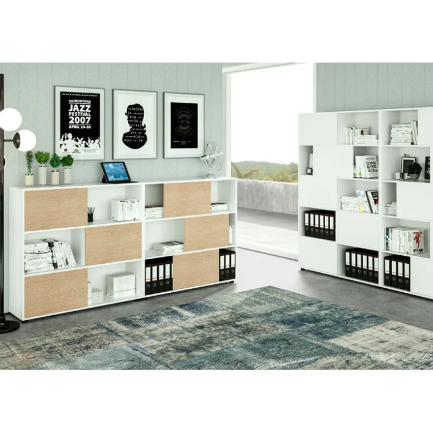 Bibliothèque mi-haute TETRIS - L120 x H79 x P35 - Corps chêne - Portes anthracite