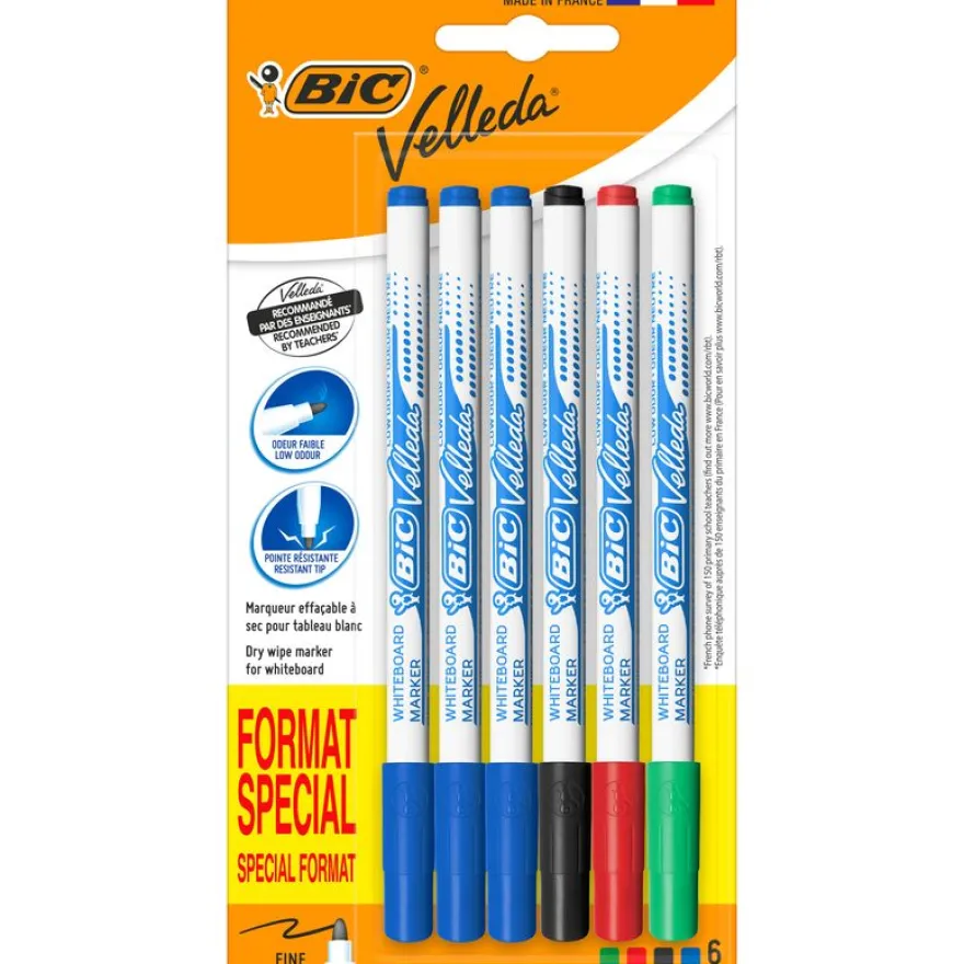 BIC – 6 feutres effaçables Velleda – 3 bleus, 1 noir, 1 rouge, 1 vert
