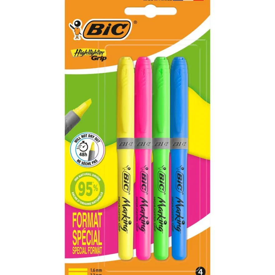 BIC - 4 surligneurs Highlighter Grip - couleurs assorties