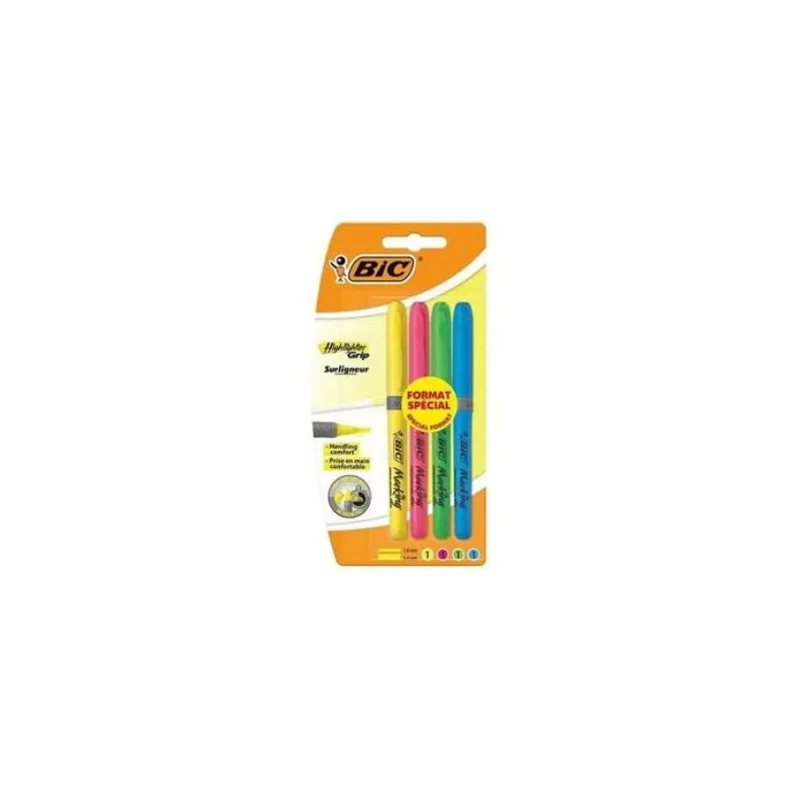 BIC - 4 surligneurs Highlighter Grip - couleurs assorties