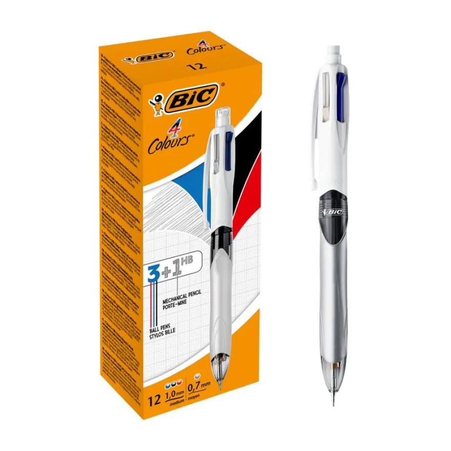 BIC 4 Couleurs - 12 Stylos à bille 4 couleurs - 3 couleurs et 1 porte-mines