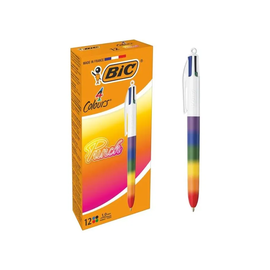 BIC 4 Couleurs -Corps effet Soft Touch, Décor arc en ciel couleurs vives -Stylos-Bille Pointe Moyenne (1,0 mm)