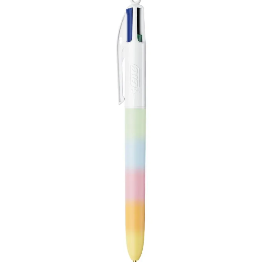 BIC 4 Couleurs -Corps effet Soft Touch, Décor arc en ciel couleurs Pastel -Stylos-Bille Pointe Moyenne (1,0 mm)
