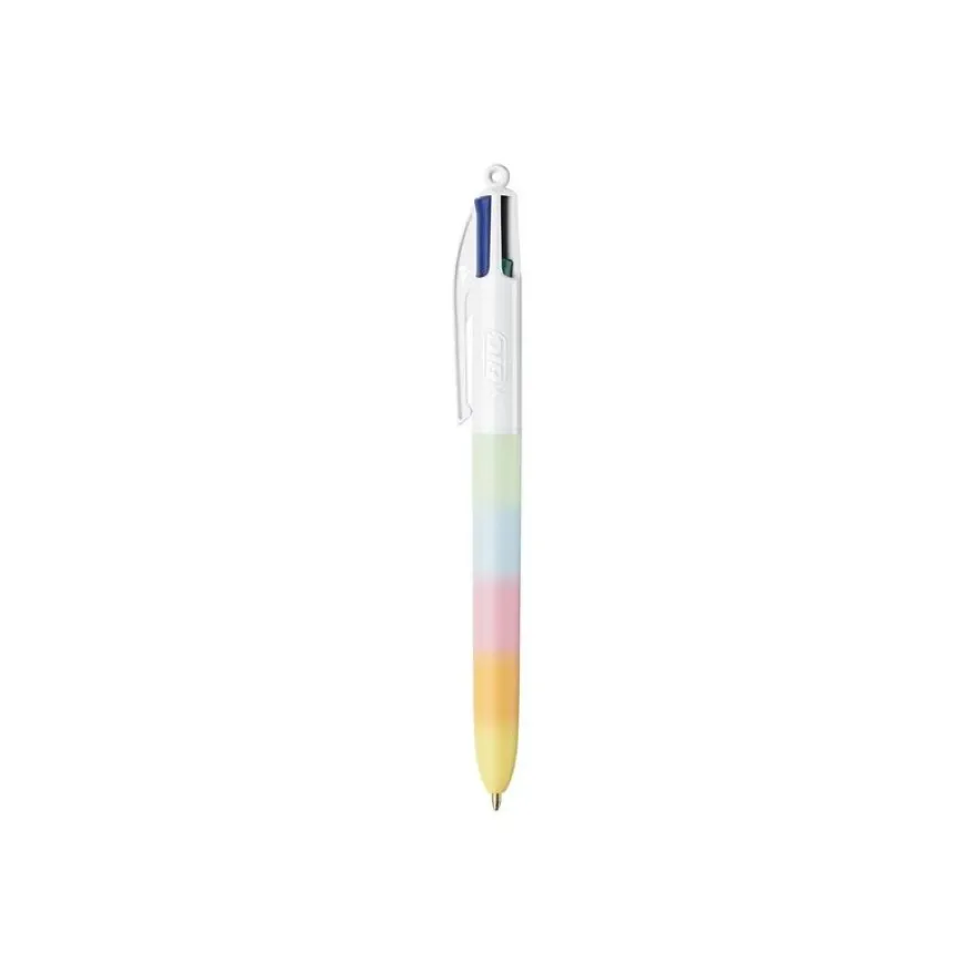 BIC 4 Couleurs -Corps effet Soft Touch, Décor arc en ciel couleurs Pastel -Stylos-Bille Pointe Moyenne (1,0 mm)