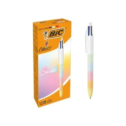 BIC 4 Couleurs -Corps effet Soft Touch, Décor arc en ciel couleurs Pastel -Stylos-Bille Pointe Moyenne (1,0 mm)
