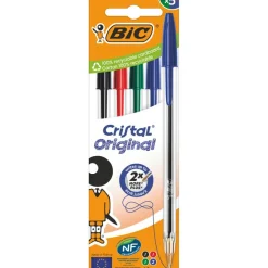 BIC Cristal - 5 Stylos à bille - couleurs assorties - 1 mm - pointe moyenne (étui carton)