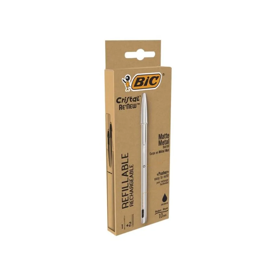 BIC Cristal Re'New - Stylo à bille noir + 2 recharges