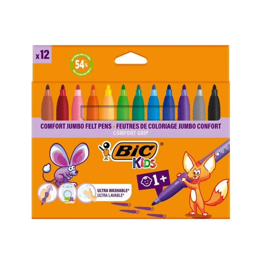 BIC KiDS - Marqueur - couleurs assorties - encre à l'eau - jumbo (pack de 12)