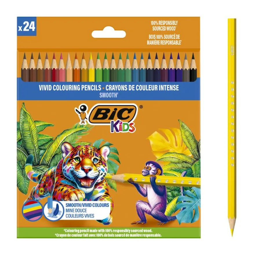 BIC Kids Crayons de Couleur – 100% Bois Responsable - Étui de 24 Couleurs Assorties