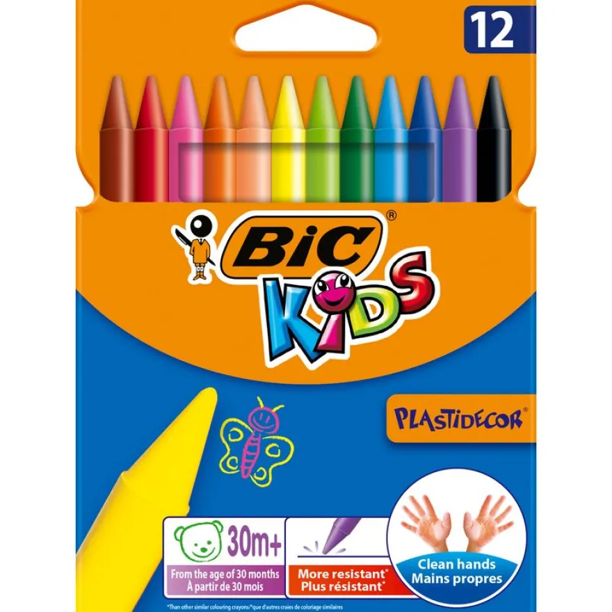BIC Kids Plastidecor - 12 Craies de coloriage à la cire - couleurs vives