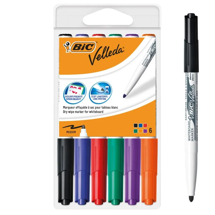 BIC VELLEDA 1741 - Pack de 6 marqueurs effaçables - pointe ogive - couleurs assorties