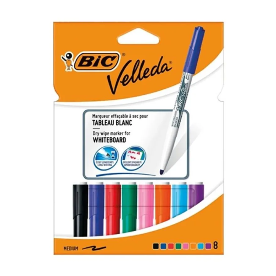 BIC VELLEDA 1741 - Pack de 8 marqueurs effaçables - pointe ogive - couleurs assorties